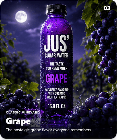 Grape Jus' Sugar Water flavor card. The nostalgic grape flavor everyone remembers.