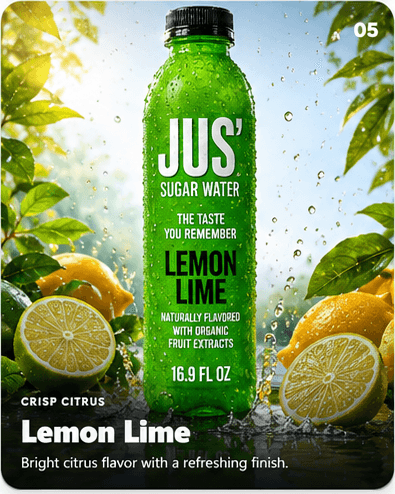 Lemon Lime Jus' Sugar Water flavor card. Bright citrus flavor with a refreshing finish.