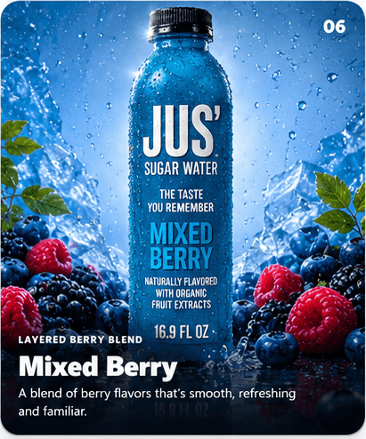 Mixed Berry Jus' Sugar Water flavor card. A blend of berry flavors that's smooth, refreshing, and familiar.