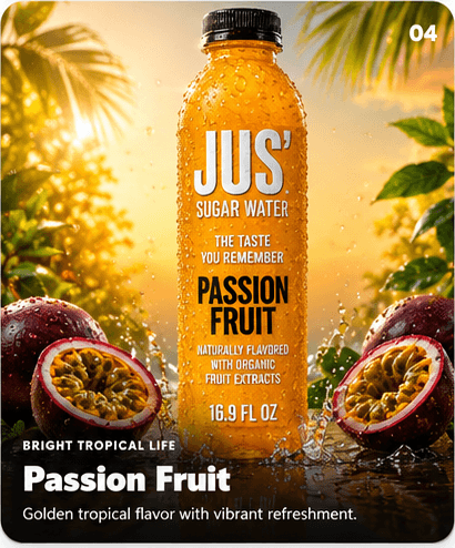 Passion Fruit Jus' Sugar Water flavor card. Golden tropical flavor with vibrant refreshment.
