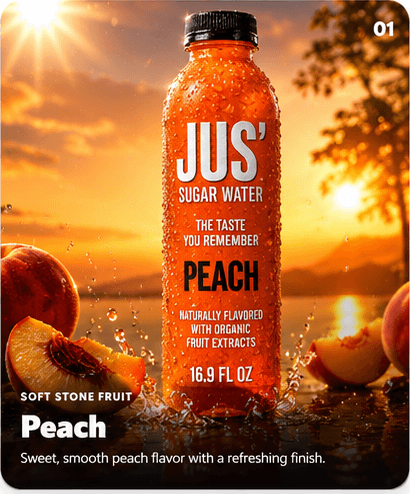 Peach Jus' Sugar Water flavor card. Sweet, smooth peach flavor with a refreshing finish.