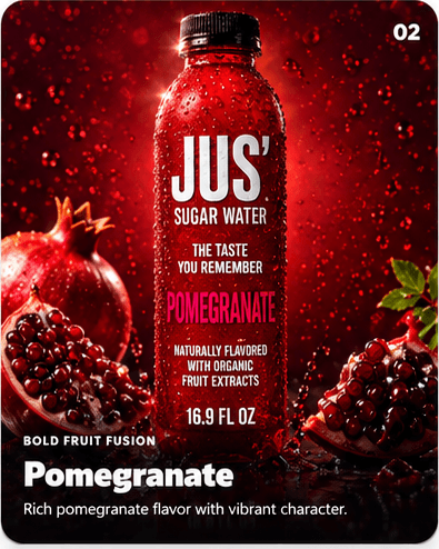 Pomegranate Jus' Sugar Water flavor card. Rich pomegranate flavor with vibrant character.