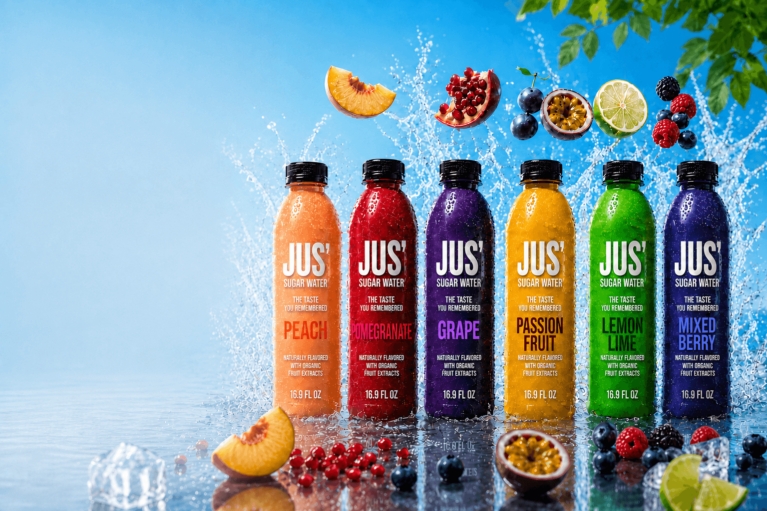 Six Jus' Sugar Water bottles surrounded by fruit and water splashes
