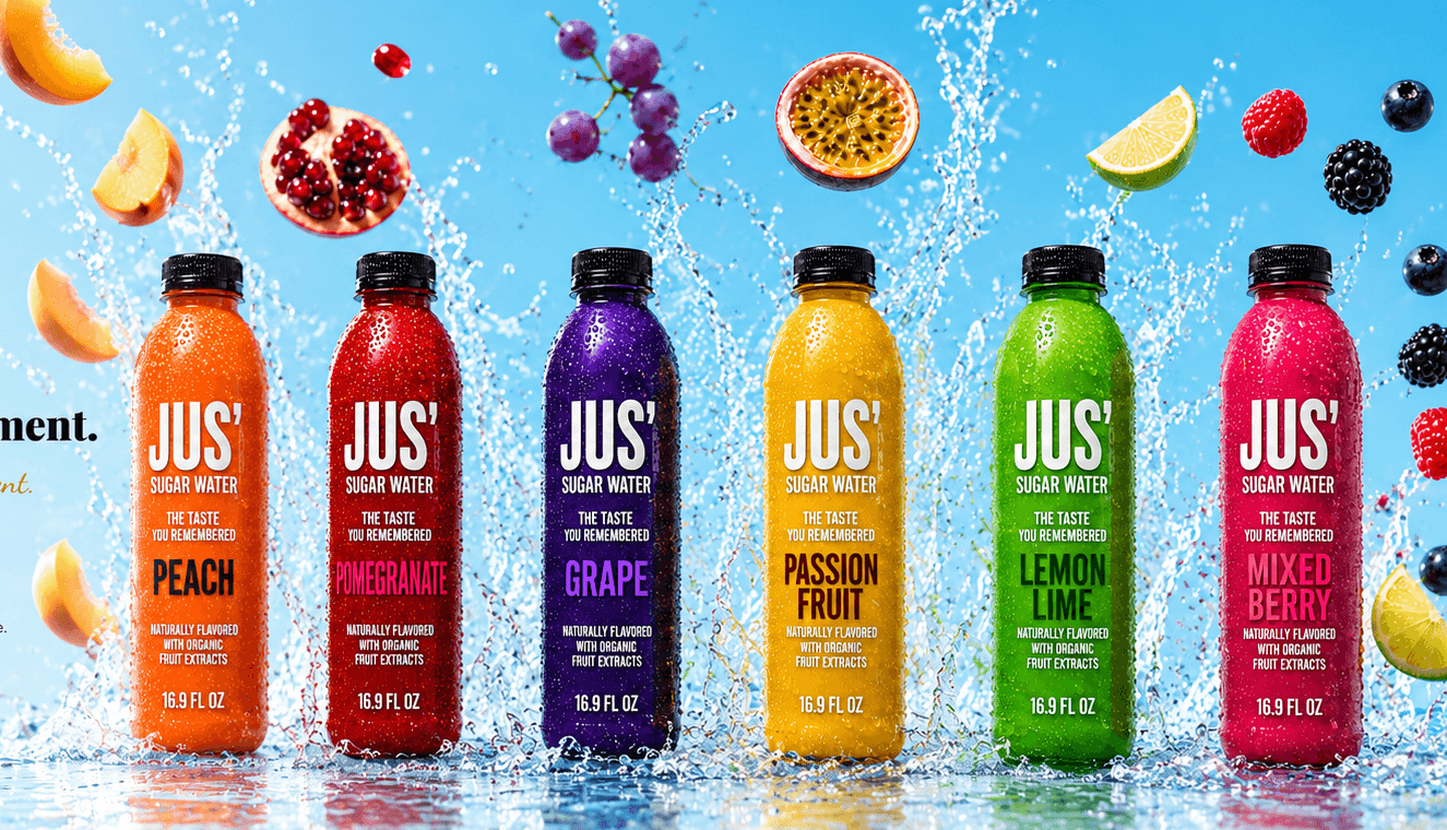 The complete six-flavor Jus' bottle lineup