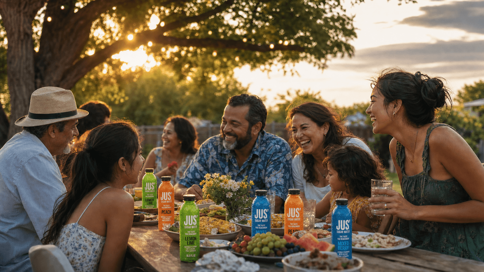 Black and Hispanic families sharing a Texas backyard cookout with Jus' Sugar Water