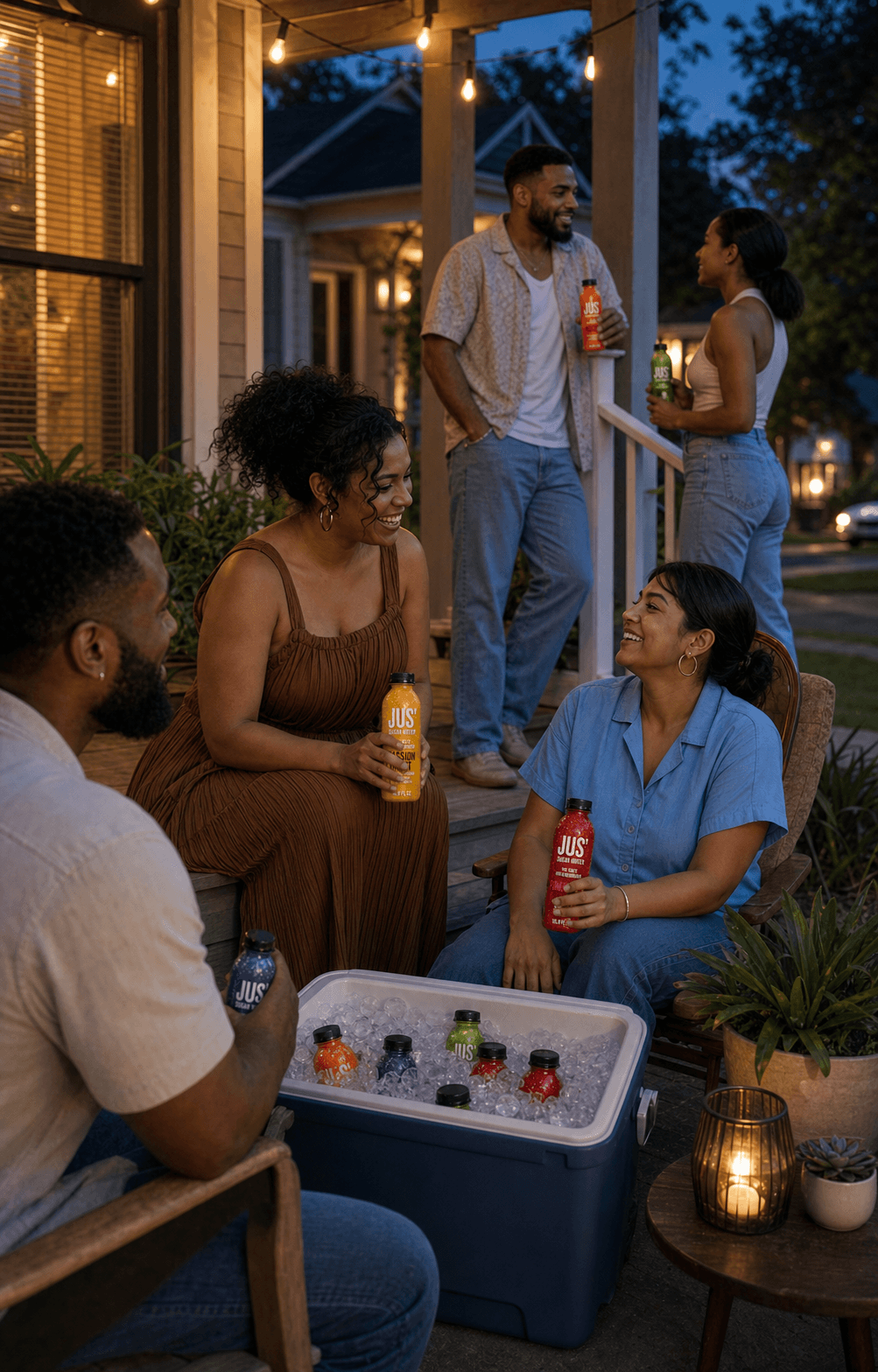 Friends relaxing on a Texas front porch with a cooler of Jus' Sugar Water