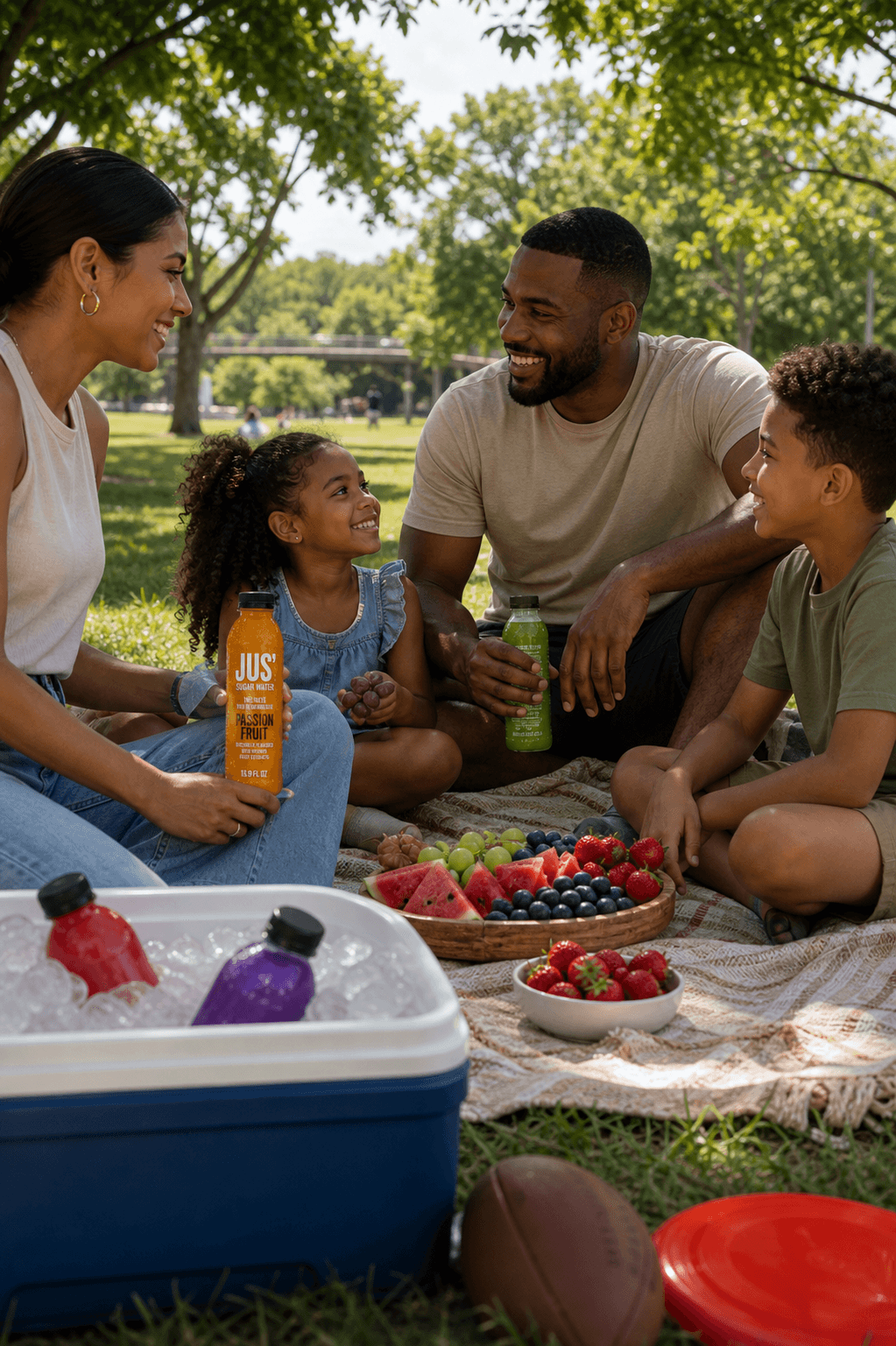 Black and Hispanic families enjoying a park picnic with Jus' Sugar Water